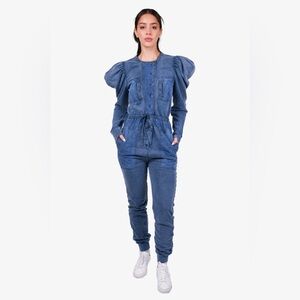 Ulla Johnson Sadie Puff-Sleeve Jumpsuit indigo acid crew neck pocket blue size M